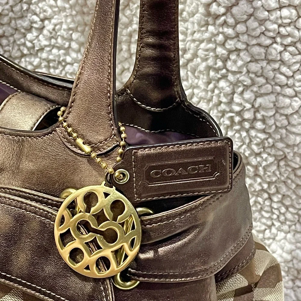 Coach Hobo Bronze Leather Signature Op Art Tote Bag With Hang Tags Y2K - Picture 3 of 16